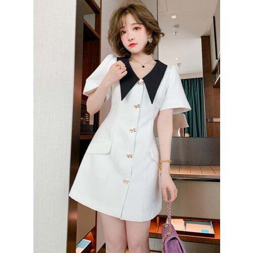 Top Quality Contrast pointed collar and high waist A-Line New summer dress