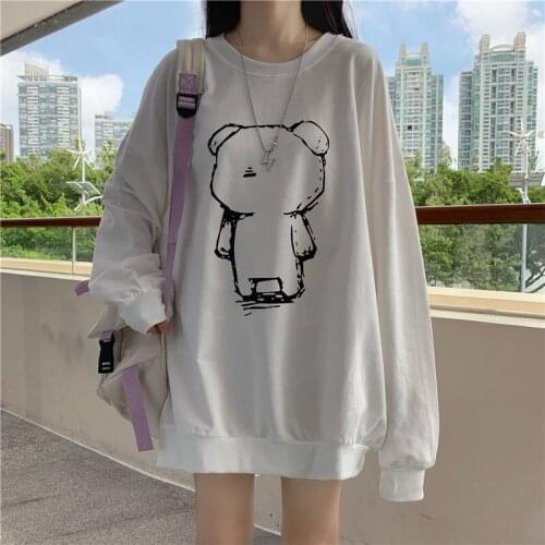 Womens Hoodies Pullover O Neck Cute Bear Long Sleeves Medium Length Loose Tops Wholesale 2021 New Fashion Casual Lady Clothing
