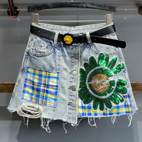 Daisy denim shorts skirt women summer high waist loose a-line wide leg fake 2 piece sets jeans skirt