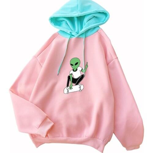 Autumn Winter Fleece Hoodies Women Harajuku Kawaii Skateboard Alien Cartoon Print Sweatshirts Loose Hit Color Drop Shoulder Tops