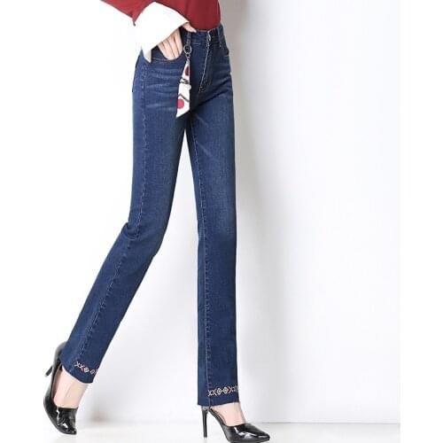 Brand Pants Women 2019 New Embroidery High Waist Straight Jeans Lady Dark Blue Elastic Skinny Full Length Plus Size Trousers