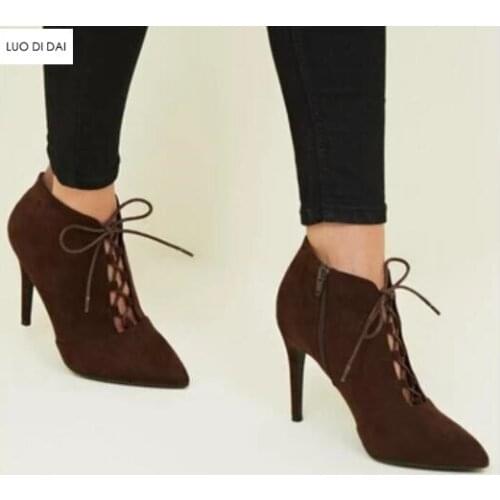2020 autumn new women lace up ankle boots women suede booties ladies point toe cut outs boots party shoes basic working shoes