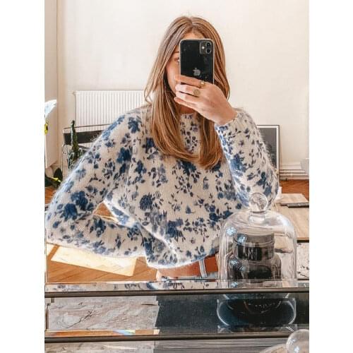 Blue Flower Print Sweater Women Winter Round Neckline Long-sleeved Kid Mohair Wool Jumper Eleagnt Female Retro Knitwear Pullover