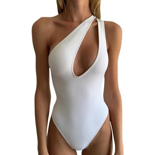 Women Bodysuit One Shoulder with Hollow Sexy Chest Solid Color High Waist Version Summer Clothing