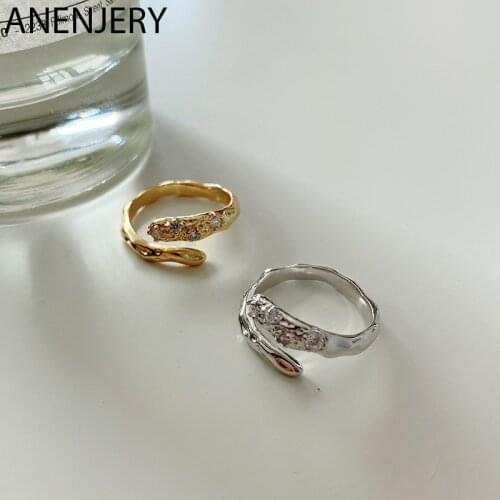 ANENJERY 925 Sterling Silver Irregula Double layer Inlaid Zircons Ring for Women Light Luxury Open Ring Jewelry Gift S-R795