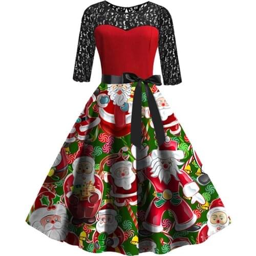 BAMBOOBOY Women Hot Santa Printed Long Sleeve Lace Belted Patchwork Christmas A Line Skater Dress FC753