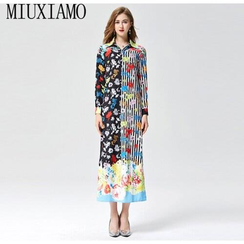MIUXIMAO 2019 New Fashion Runway Fall Dress Womens Retro Stripes Flower Print Loose Vintage Long Dress Women vestidos
