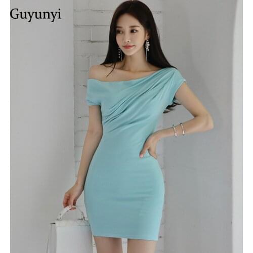 High Waist Tight Mini Dress 2021 Summer Sky Blue Korean Version Simple Sexy Slash Neck Small Folds Temperament Bar Party Dress