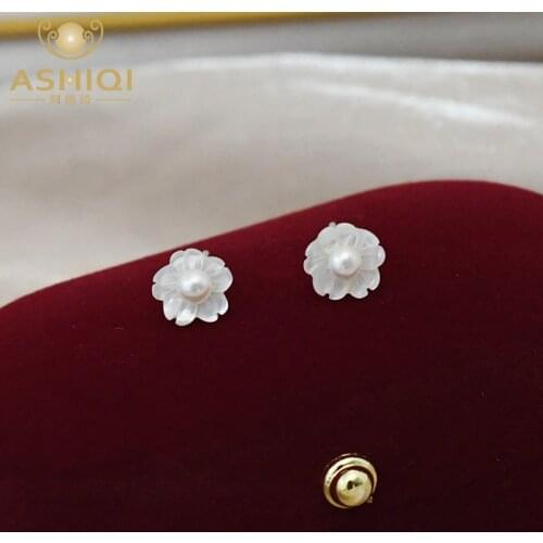 ASHIQI Natural freshwater pearl earrings 925 sterling silver shell flower ladies handmade earrings unique gift