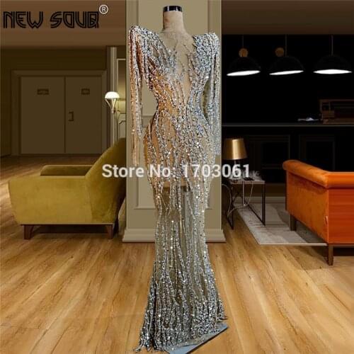 Sheer Diamond Beading Evening Dresses For Dubai Arabic 2020 Robe De Soiree Long Handmade Prom Dress Middle East Celebrity Party