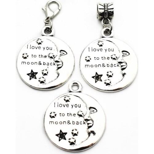 10pcs/lot Metal Silver I Love You To The Moon&Back Round Dangle Charms Lobster Clasp Charms Fit DIY Bracelet Necklace Jewelry