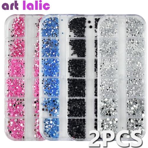 2 Boxes / Lot Silver Black Pink Blue Nail Art Rhinestones 1.5-3mm Nail Decoration Round Glitter Flat Bottom with Hard Case DIY