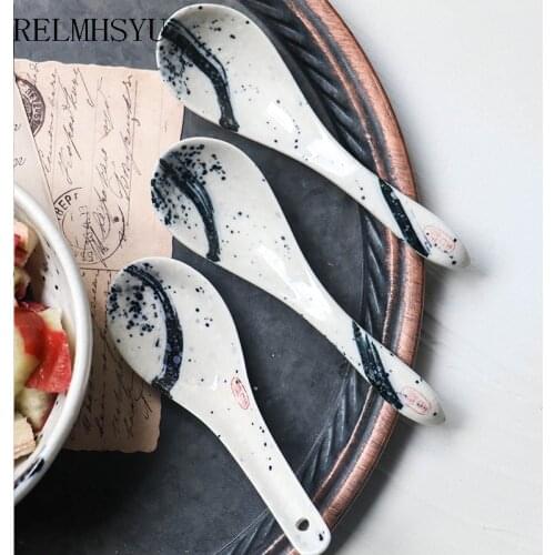3PCS RELMHSYU Japanese Style Ceramic White Soup Rice Dinner Spoon Underglaze Tableware