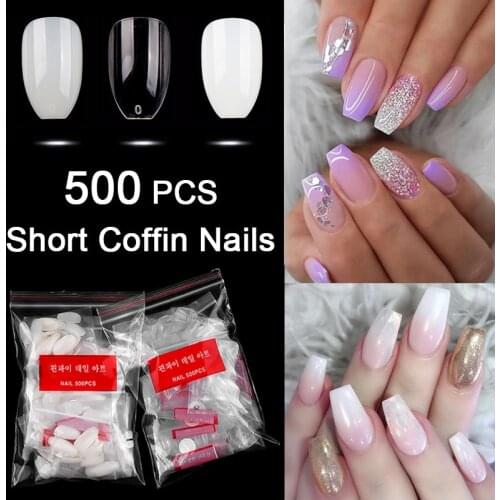 100 Pcs/box or 500Pcs/Bag Short Coffin Nails Full Cover Ballerina False Nails Art False Nail Art Tips DIY Finger Nails
