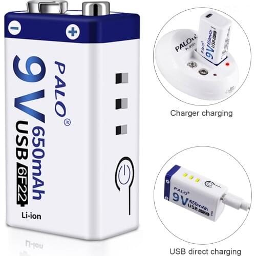 PALO 6F22 9V USB Battery 9V Li-ion 650mAh Li-polymer Rechargeable Battery USB lithium 9v battery for Toy Remote Control
