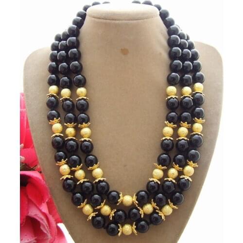 CBN131 Beautiful Natural 3 Strands 10mm Onyx Necklace