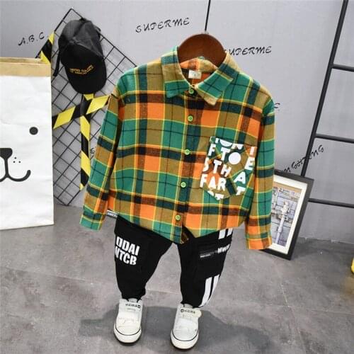 Kids Suits 2020 Spring Casual Korean Plaid Long Sleeve Shirt Fashion Harem Pants 2pcs Toddler Boys Clothing Sets Baby Boy Tees