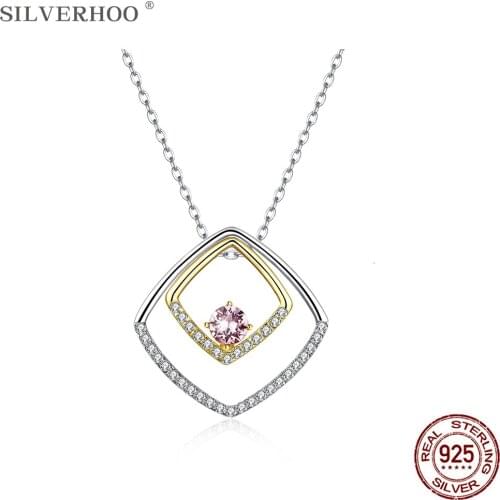 SILVERHOO 925 Sterling Silver Necklace For Women Double Square Austria Crystal Pendant Chains Necklace Party Fine Jewelry New