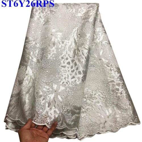 Hot sale Wthie embroidered Organza Lace fabrics high quality african french sequins tulle lace fabric for wedding dress RE004