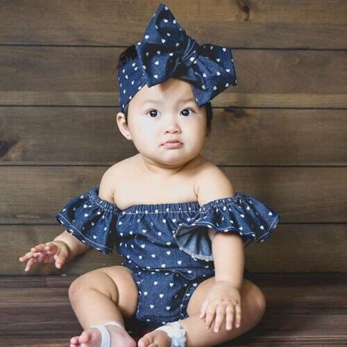 Newborn Baby Girls Denim Blue Cotton 2pcs Outfits Romper Bodysuit Clothes Set