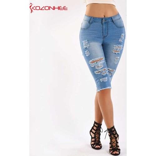 Skinny Stretch Hole Jeans With Mid Waist For Women Ripped Knee Length Pencil Jeans Pants For Female #04