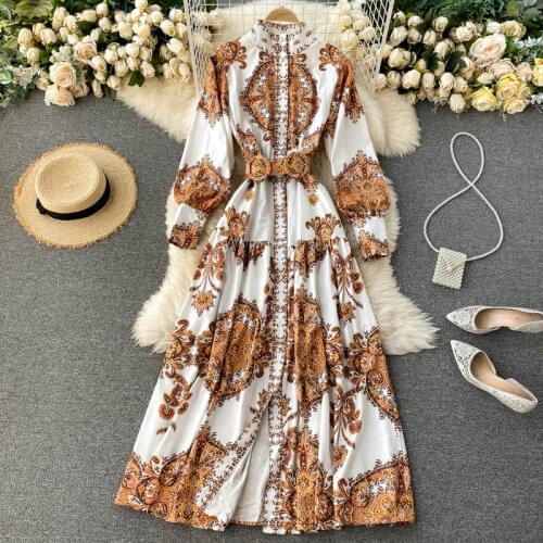 Trendy Fashion Vintage Paisley Print Maxi Dress Long Sleeve Stand Collar Shirt Dress With Belt Elegant Long Dresses For Women