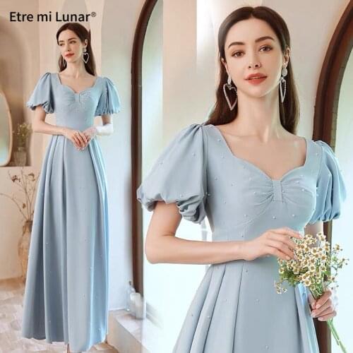 Prom Dresses Sweet Bow Princess Blue Puff Sleeves Pearls Beadings Evening Dresses For Birthday Party Engagement Prom Gowns