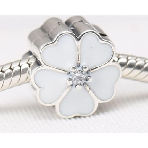 S925 DIY Jewelry White Primrose Flower Clips Stoppers Charm fit Lady Bracelets & Bangles