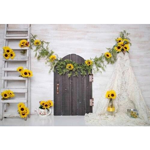 Spring Photography Backdrop Baby Birthday Easter Portrait Cake Smash Background Sunflowers Wood Door Ladder Decoration Posters