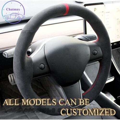 Embroidery Alcantara Car Steering Wheel Cover For Tesla 3 Model 3 Roadster 2013-2017 2018 2019 2020 Hand Sewing Suppot Custom