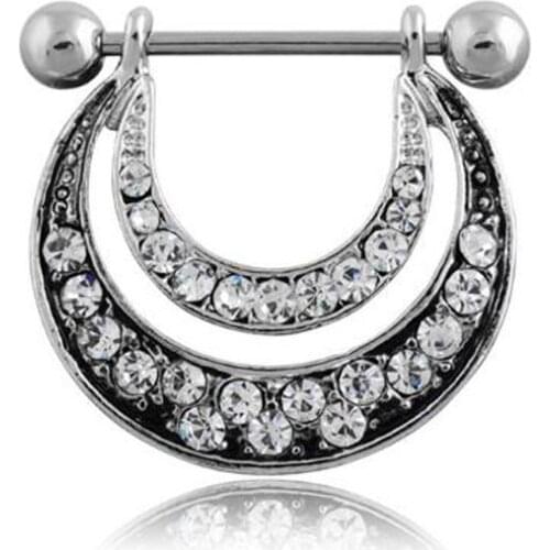 2 pc Stainless steel piercing jewelry womens rhinestone horn nipple ring U-shaped double nails
