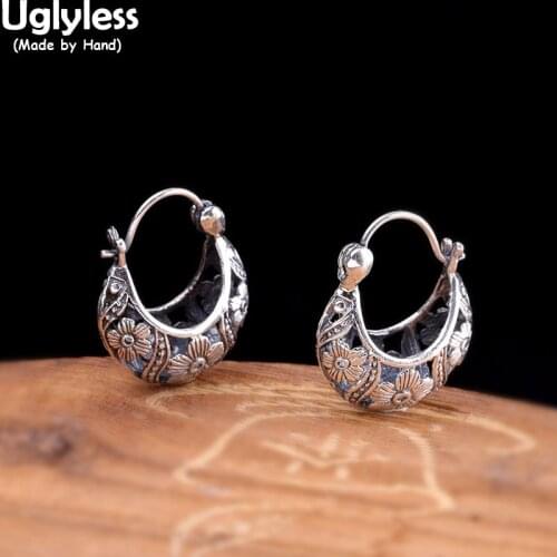 Uglyless Like a Ladys Tote Bag Handbag Ear Hoops for Women Thai Silver Vines Flowers Hollow Jewelry 925 Silver Ethnic Earrings