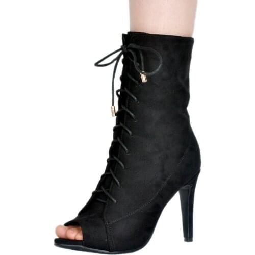 Womens Black Red Suede Leather lace up ankle boots genuine leather open toe high heeled gladiator booties sandals