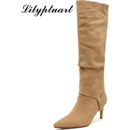 Womens That-knee Western Boots Cow Suede Material Thigh Mid-tube Boots Pointed Toe Stiletto High Heel All-leather Womens Shoes