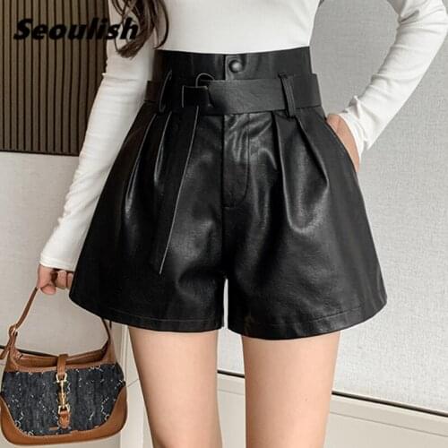 Seoulish Autumn Winter Womens Faux PU Leather Shorts with Belted 2021 New High Waist Lady Elegant Short Trousers Pocket Female
