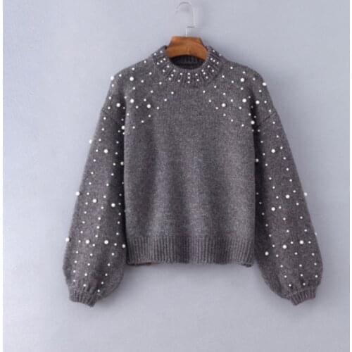 Bella Philosophy Autumn Turtleneck Sweater Pearl Beaded Sweater Lantern Sleeve Women Head Womens Loose Grey Sweater