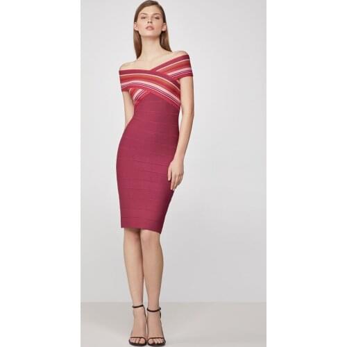 High Quality Bandage Dress Sexy Celebrity Slash Neck Red Rayon Elegant Women Dress Bandage Evening Party Dress