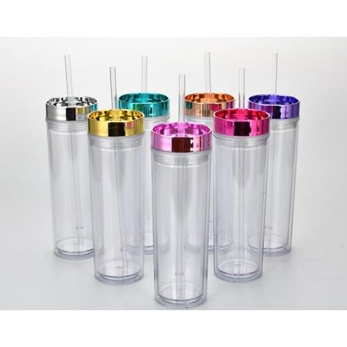 1pc Hot sales electroplate double wall transparent finish reusable skinny 16oz plastic tumbler double wall tumbler with straw