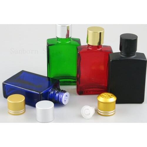 20 x Empty Flat Square Black White Amber Clear Blue Glass Bottle With Black Gold Silver Cap Sample Vials Containers 30ml