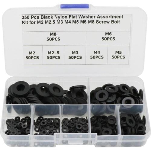 350pcs Black Nylon Flat Washer Assortment Kit M2/M2.5/M3/M4/M5/M6/M8 Hardware Accessories Fasteners For Metalworking