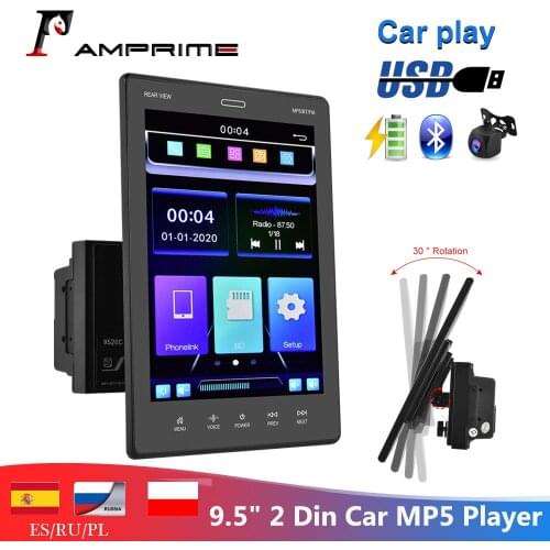 AMPrime 9.5" 2 Din Vertical screen HD Car MP5 Player Support Carplay Bluetooth FM Mirror link Three USB Ports Rear AHD Camera
