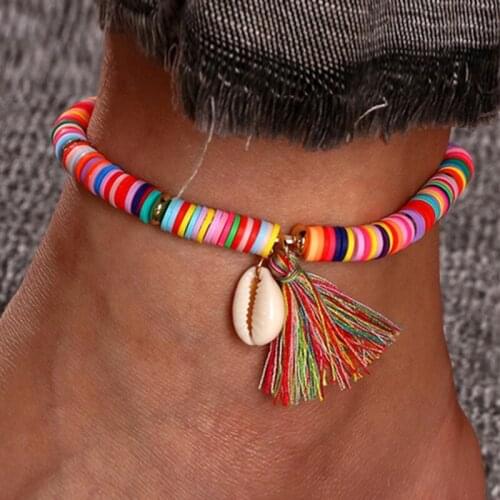 8 Colors Elastic Natural Shell Polymer Clay Beaded Tassel Ankle Chain Bohemian Women Leg Foot Bracelet Decoration
