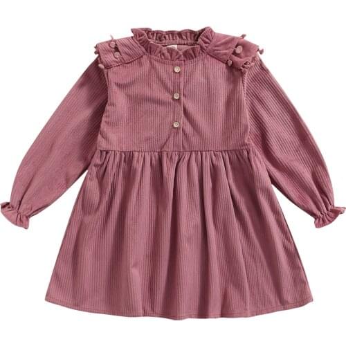 Kids Baby Girl Corduroy Dress, Long Sleeve Ruffle Neck High Waist Buttons Solid Color Loose Casual Party Midi Gown 3-7T