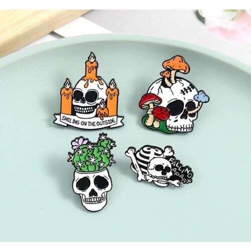 Skulls mushroom Succulent cactus Enamel Brooch Halloween skeleton candle Dead Lonely Crossed bone Lapel Pin Gothic Badge