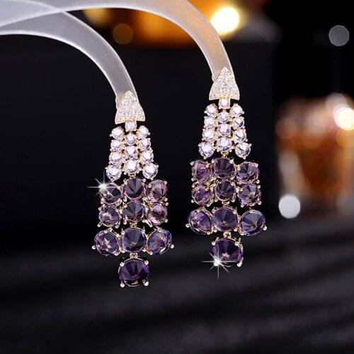 Industry color zircon accessories women s long geometric Earrings Dress Purple Grape string Earrings