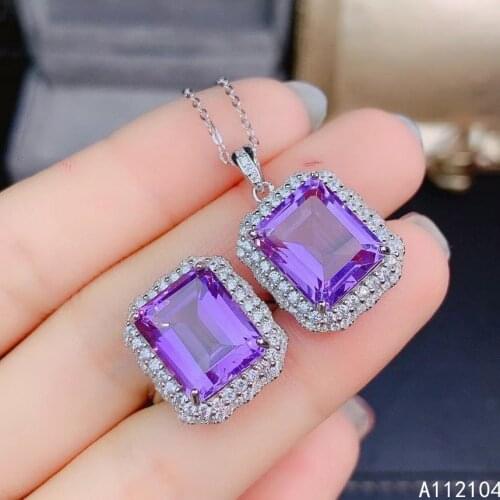 KJJEAXCMY fine jewelry 925 sterling silver inlaid natural amethyst women noble vintage square gem ring pendant suit support dete