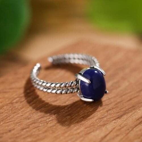 Blue 925 Sterling Silver Temperament Retro Personality Literary Korea Sweet Fashion Female Resizable Opening Rings SRI166