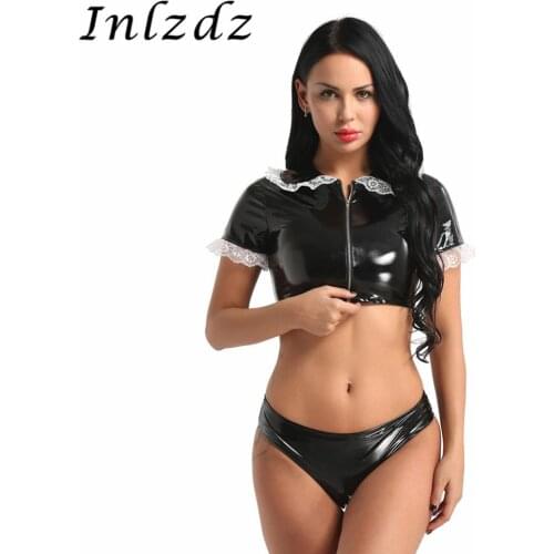 Womens Latex Lingerie Set Wet Look Leather Exotic Sex Costumes Glossy Crop Top with Zippered Crotch Briefs Sexy Underwear Set