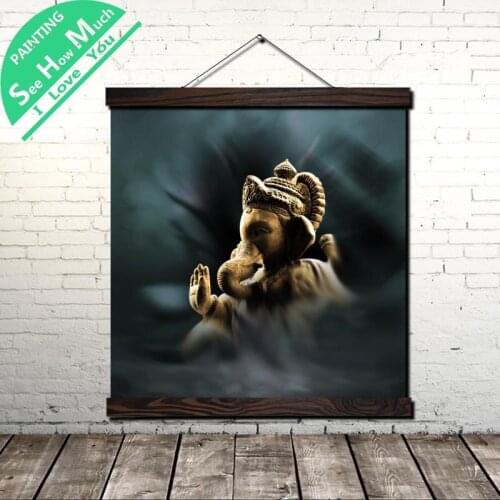 Lord Golden Ganesha Scroll Painting Canvas Vintage Poster and Prints Wall Art Picture Living Room Bedroom Farmhouse Decoration