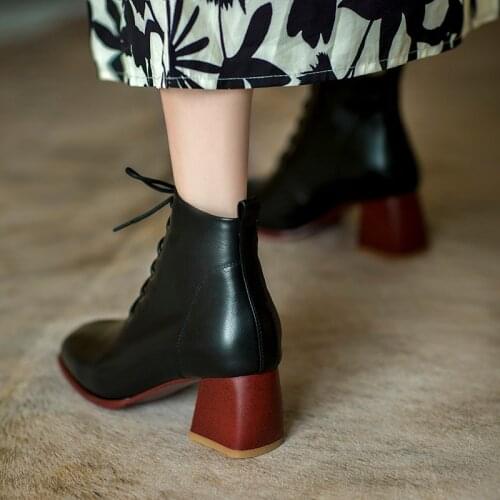 MORDOAN Genuine Cow Leathe Lady Boots Womens Flat-bottom Square Toe 2020 Autumn New Lace-up British Style Platform Ankle Boot